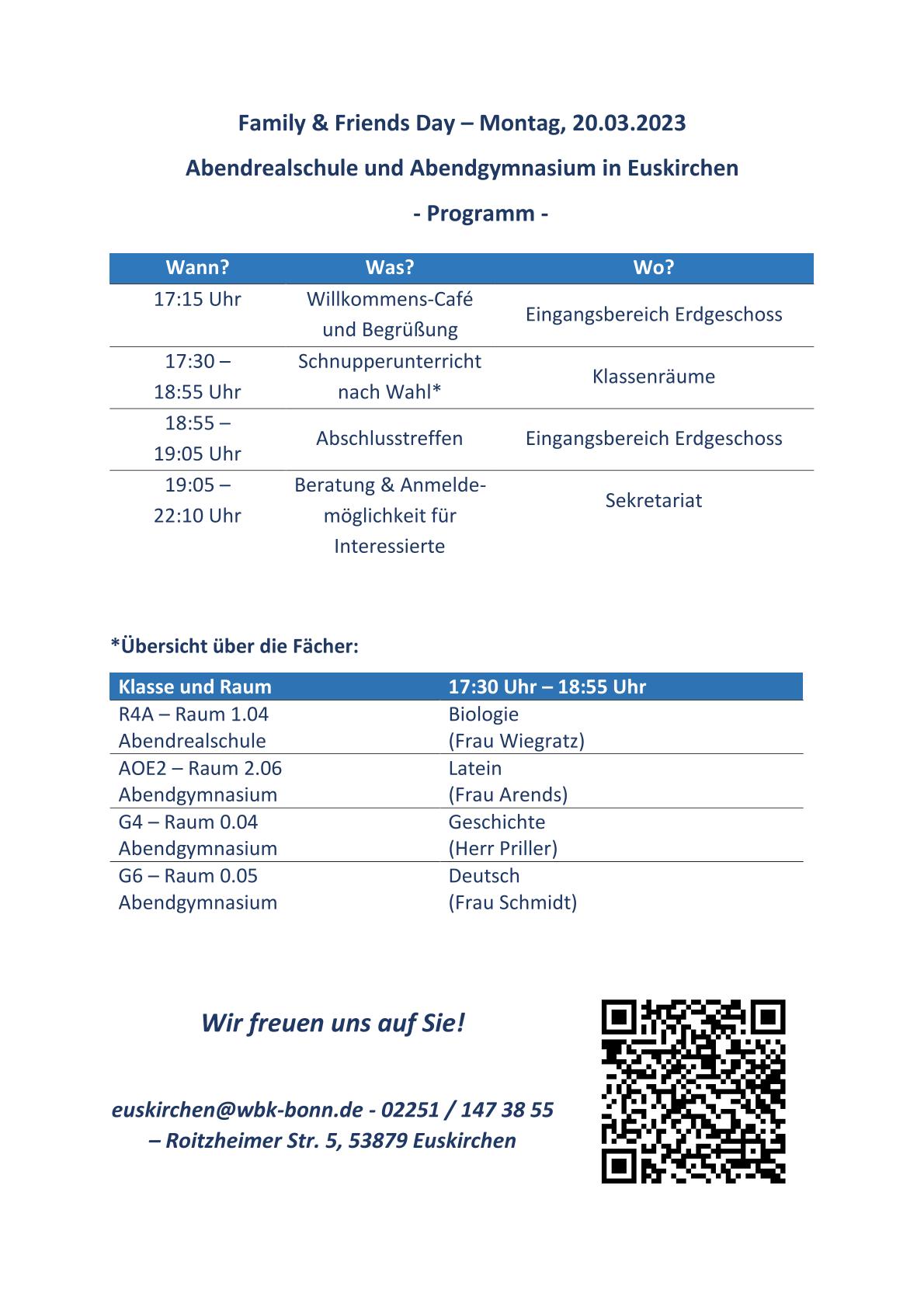 Flyer für Family and Friends im Sommersemester 2023 in Euskirchen mit Ablaufplan